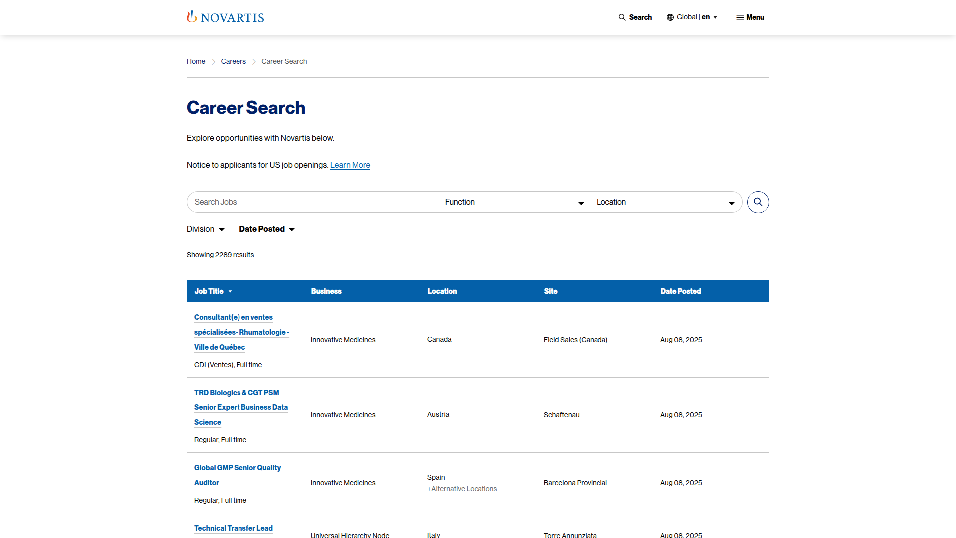 Novartis website screenshot