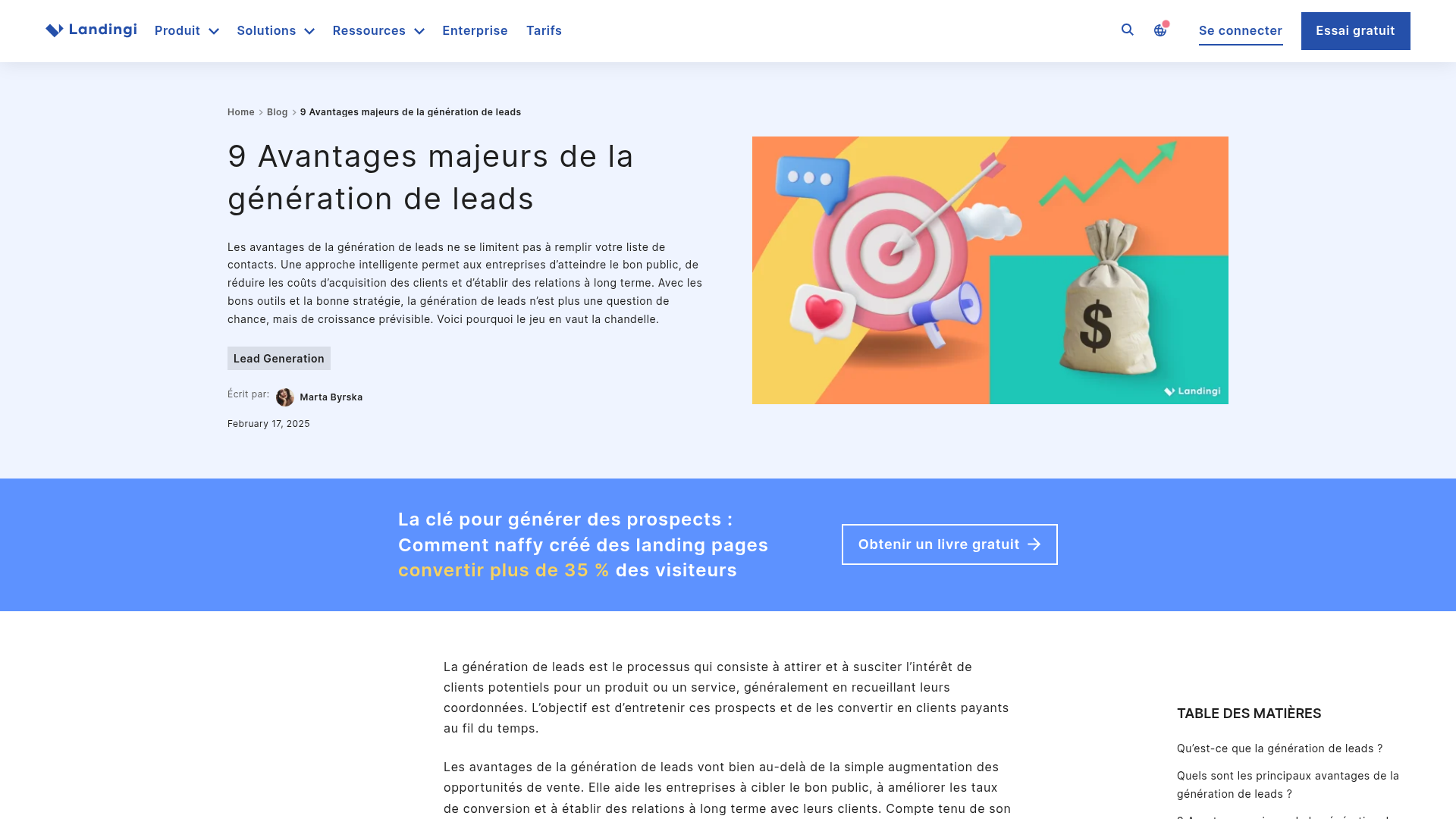 Tableau présentant les avantages de la lead generation