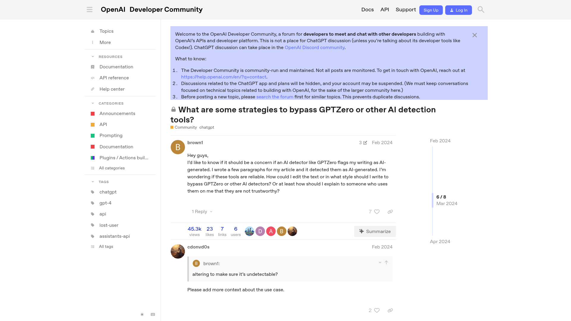 OpenAI community discussing AI detection bypassing techniques