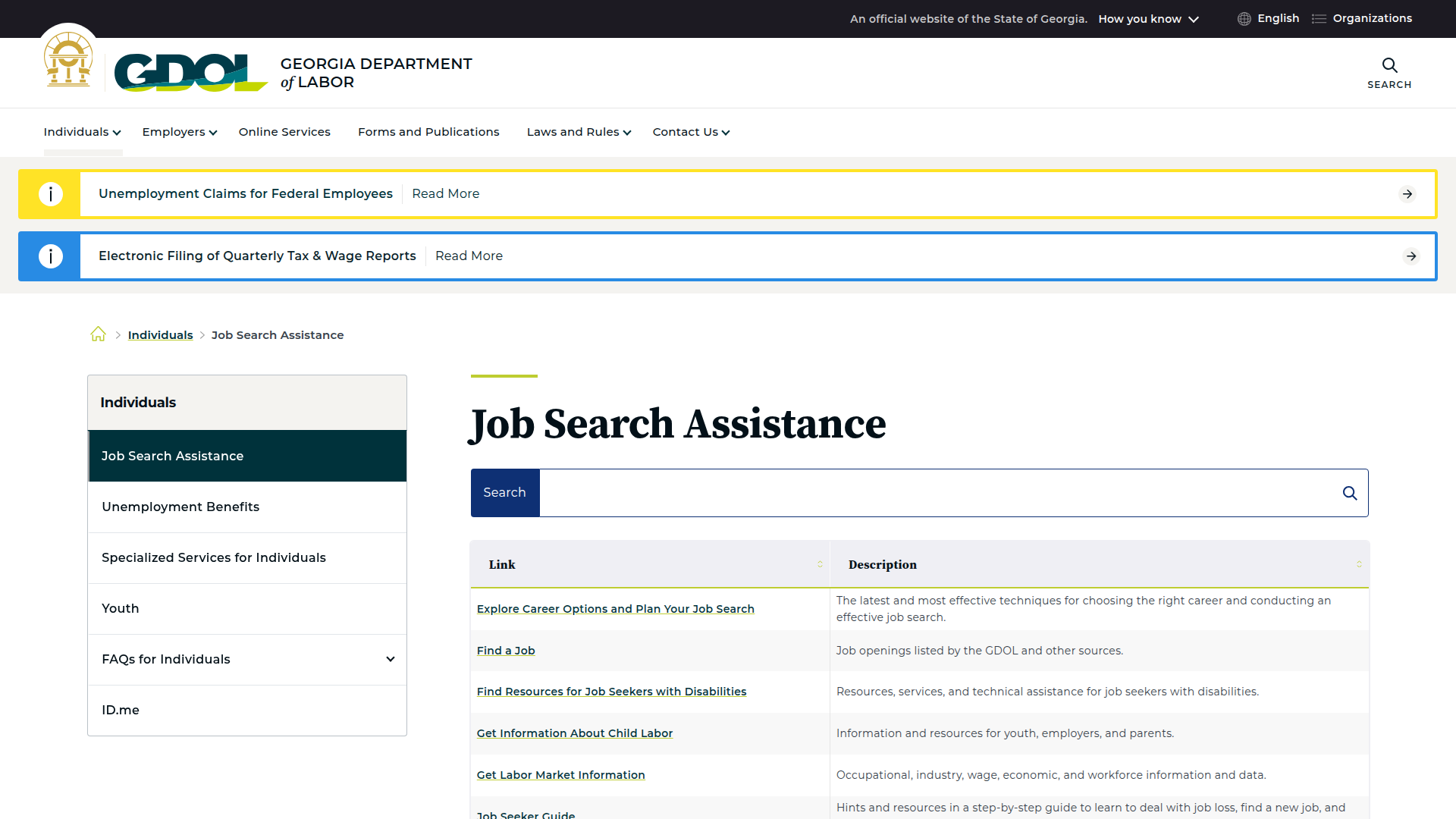 Georgia Department of Labor website screenshot