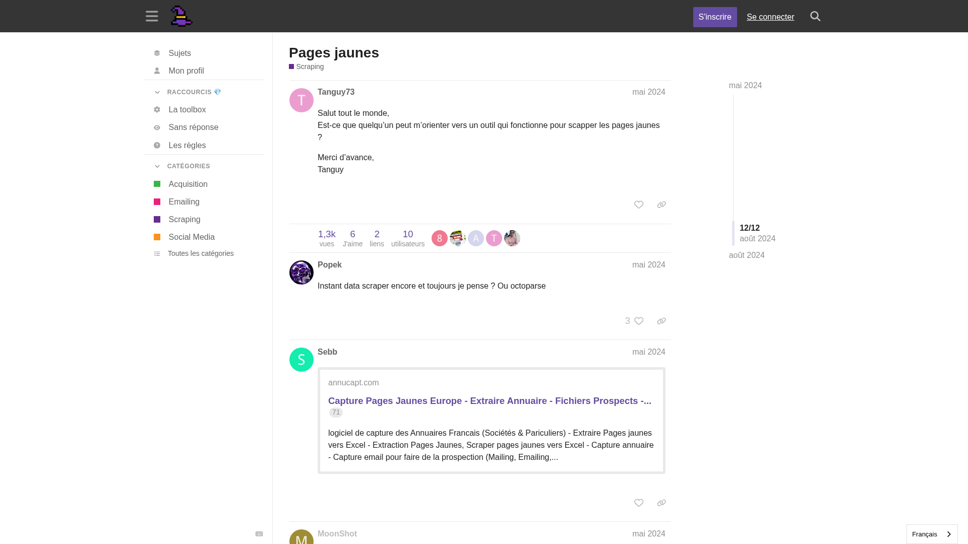 Capture écran d'une discussion sur le scraping des Pages Jaunes