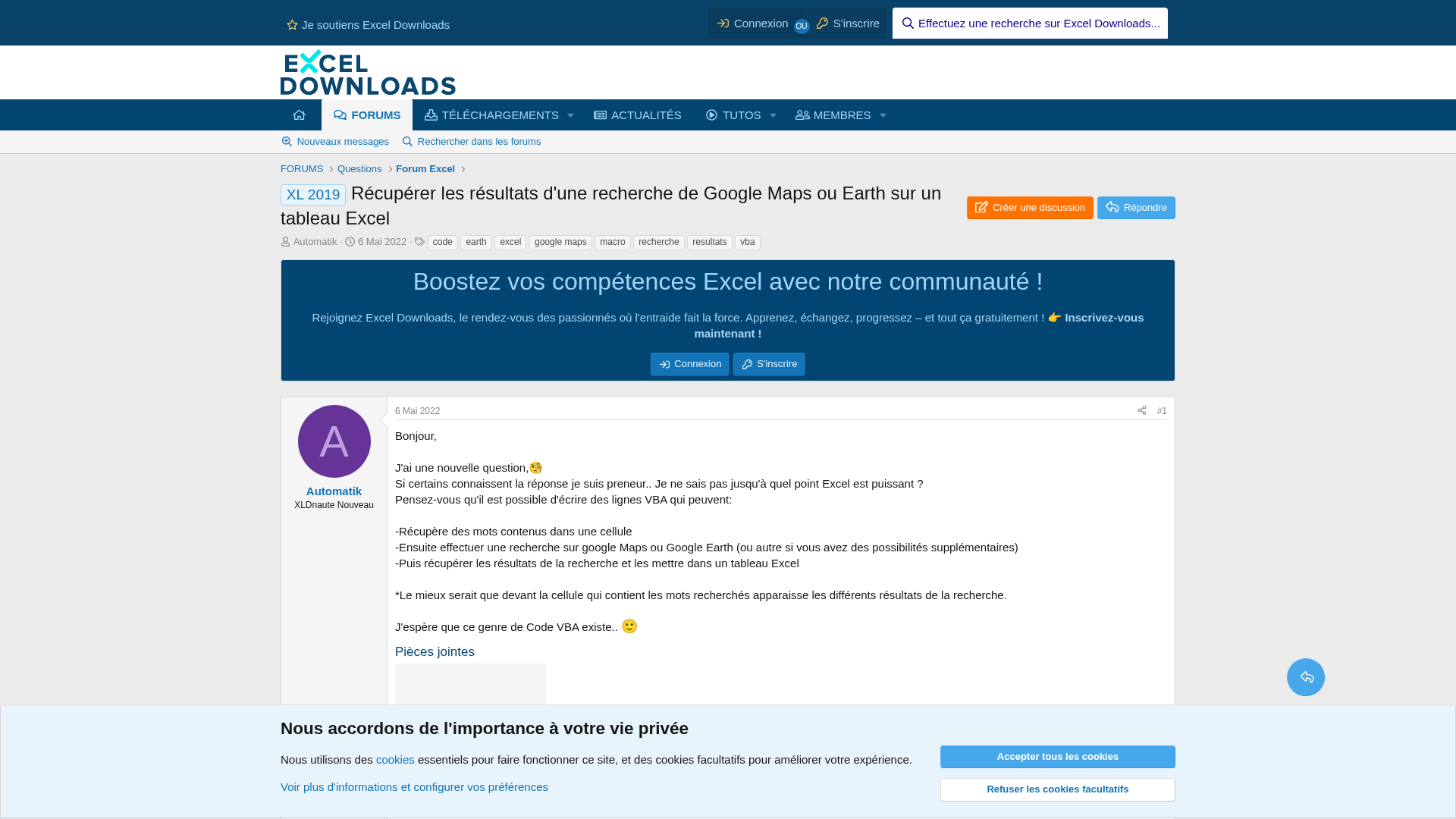 Capture d'écran d'un forum Excel montrant les difficultés d'exportation
