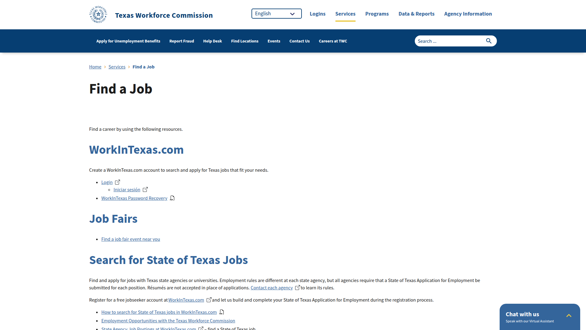 Texas Workforce Commission website screenshot