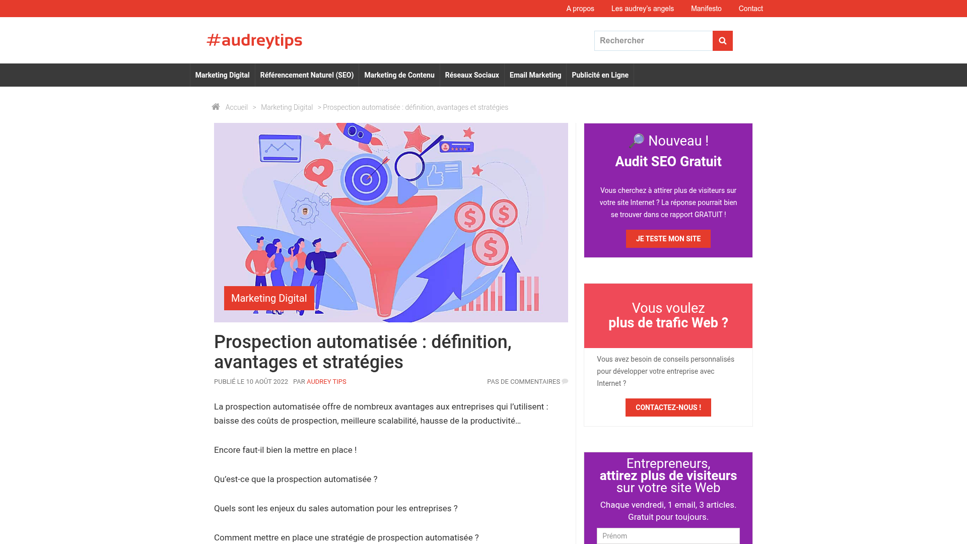 Interface de prospection automatisée montrant différentes fonctionnalités