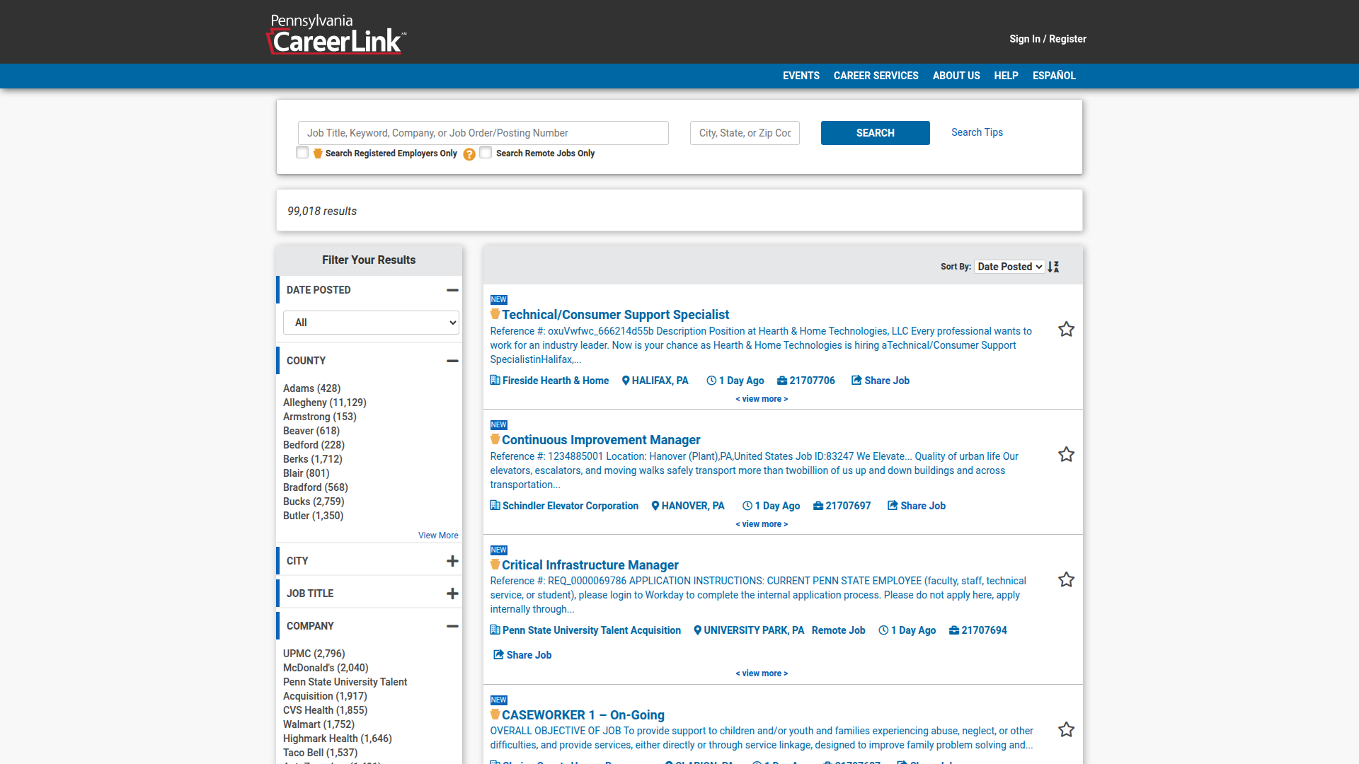 PA CareerLink website screenshot