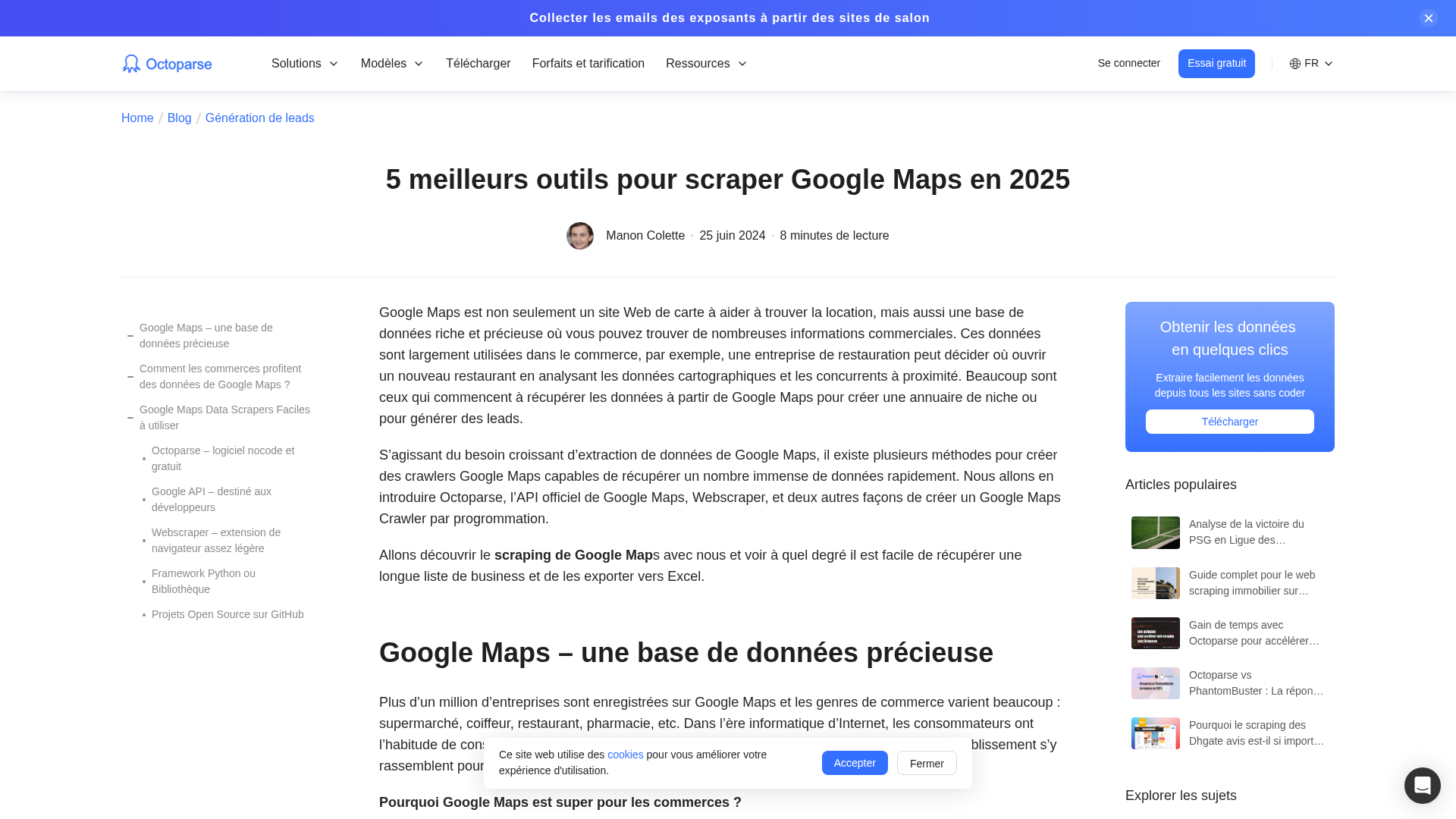 Interface de configuration d'Octoparse pour l'extraction de données Google Maps