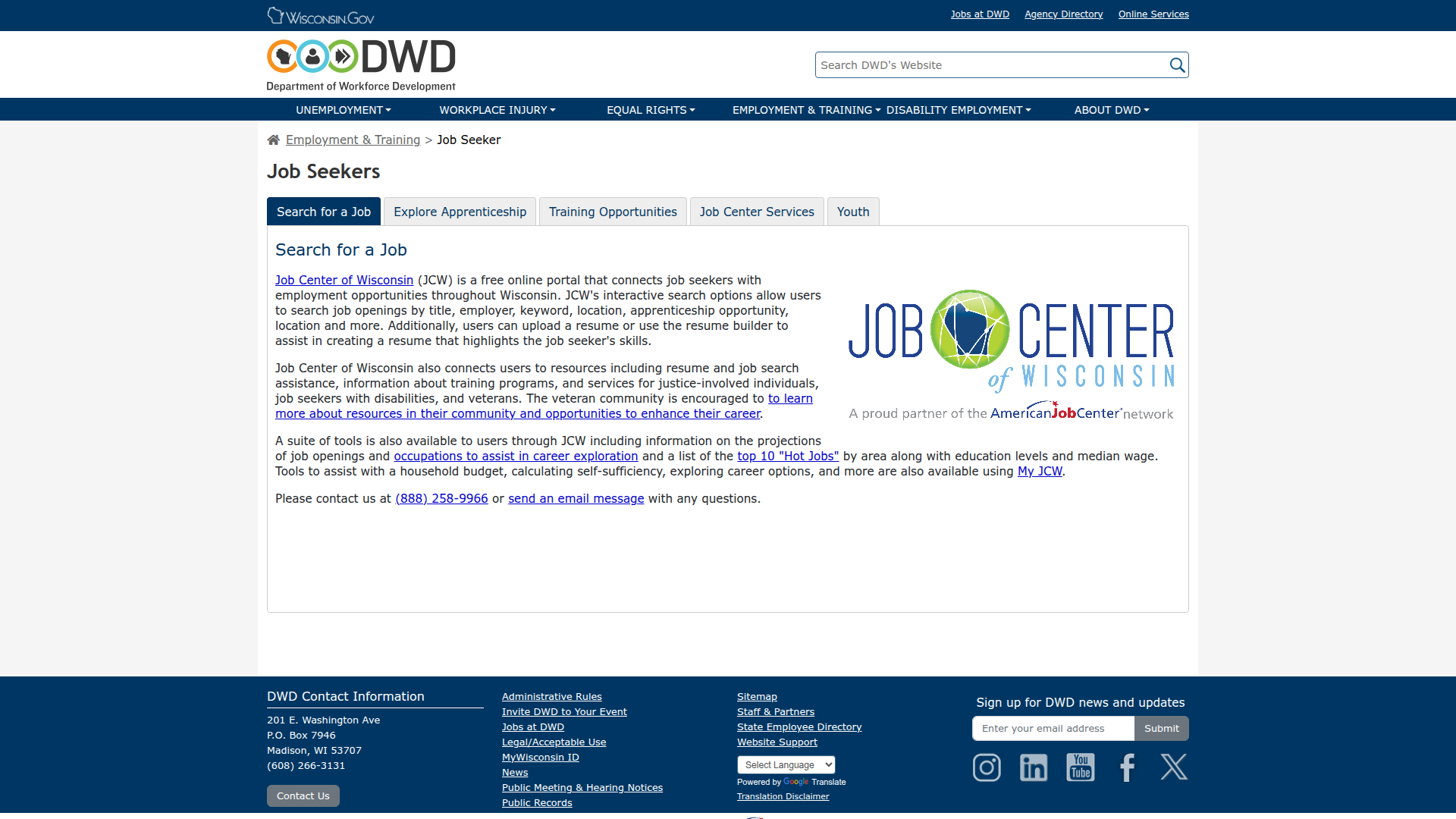 Wisconsin Department of Workforce Development website screenshot