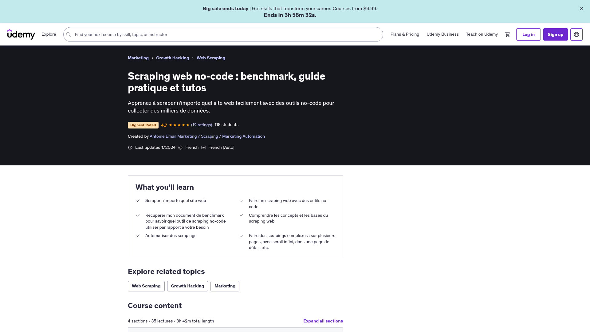 Udemy course on no code web scraping