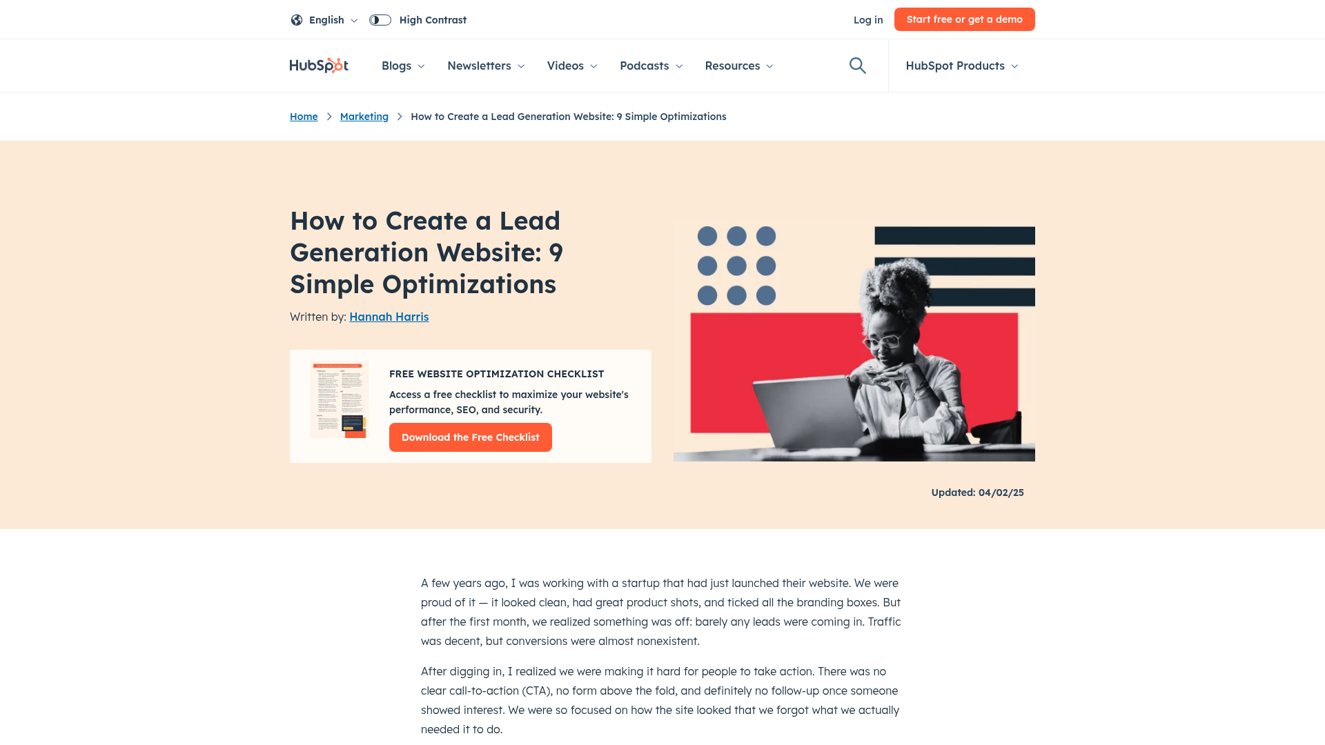 Exemple de page de capture optimisée pour la génération de leads
